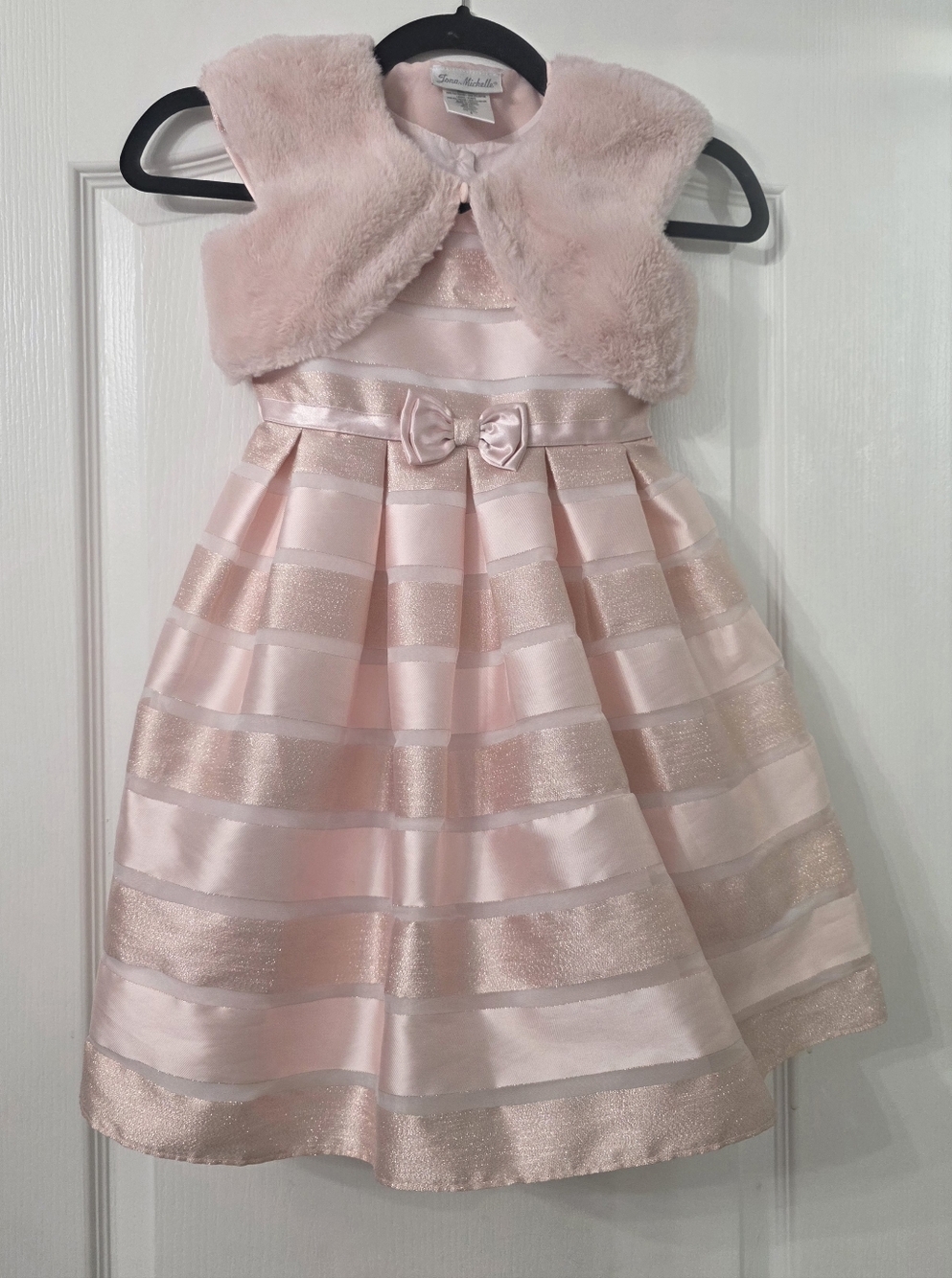 Jona Michelle Light Pink Stripe Party Dress with Faux Fur Bolero